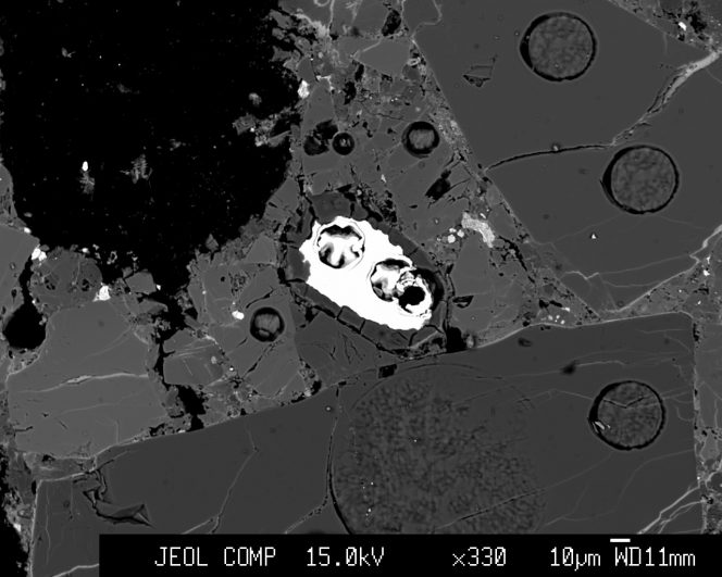Un'immagine al microscopio elettronico di uno stretto anello di opale che circonda una brillante inclusione di minerale metallico nel meteorite trovato in Antartide. I fori circolari in questa immagine sono punti in cui sono state effettuate analisi laser. Crediti: H. Downes