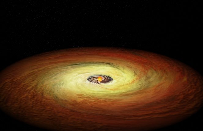 Questa illustrazione raffigura una delle stelle (non in scala rispetto al disco) con massa inferiore nel campione studiato. Siccome non è così tanto attiva nei raggi X, la stella ha conservato un disco più spesso, che rappresenta un ambiente più adatto per formare pianeti. Crediti: NASA/CXC/M.Weiss