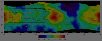 La mappa globale della concentrazione di zolfo sul suolo marziano (in percentuale di massa) ottenuta grazie ai dati raccolti dal 2001 con il Gamma Ray Spectrometer della missione Mars Odyssey. 