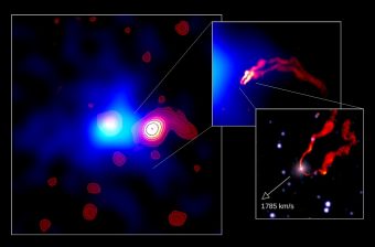 Queste immagini in falsi colori mostrano l'ammasso di galassie 3C129 così come appare nella banda radio, nei raggi X e nel vicino infrarosso. Il riquadro a sinistra mostra l' immagine a largo campo ottenuta dal SRT a 6.6 GHz (rosso), sovrapposta all' emissione nei raggi X del gas intergalattico caldo (in blu). Il riquadro in alto a destra mostra una immagine del Very Large Array a 1.4 GHz (rosso). Nell' ingrandimento In basso a destra viene mostrata una immagine nel vicino infrarosso della galassia ellittica che ospita al suo centro il buco nero supermassivo sovrapposta ad una immagine radio, in rosso, ottenuta a 4.7 GHz con in Very Large Array (Credits: NRAO, ROSAT satellite; the Two Micron All Sky Survey)