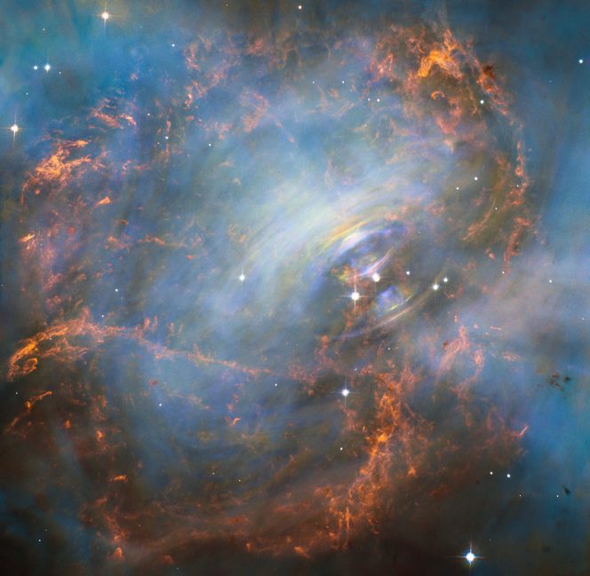 Il cuore della nebulosa del Granchio ripreso dal telescopio spaziale Hubble. Crediti: NASA ed ESA, J. Hester (ASU) e M. Weisskopf (NASA/MSFC)