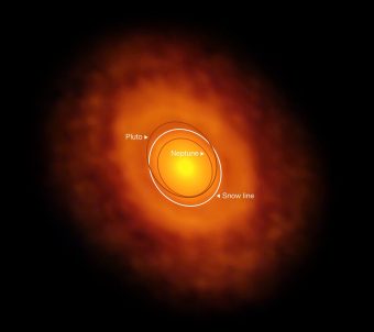 Questa immagine del disco protoplanetario intorno alla giovane stella V883 Orionis è stata ottenuta da ALMA nella sua modalità a lunga base. La stella subisce al momento un'esplosione che ha spostato la linea di neve dell'acqua più lontana dalla stella e ha permesso di osservarla per la prima volta. L'anello scuro a metà del disco è la linea di neve dell'acqua, il punto in cui la temperatura e la pressione sono sufficientemente bassi perché si formi il ghiaccio d'acqua. Le orbite dei pianeti Plutone e Nettuno del nostro Sistema Solare sono mostrate per dare un'indicazione della scala. Crediti: ALMA (ESO/NAOJ/NRAO)/L. Cieza