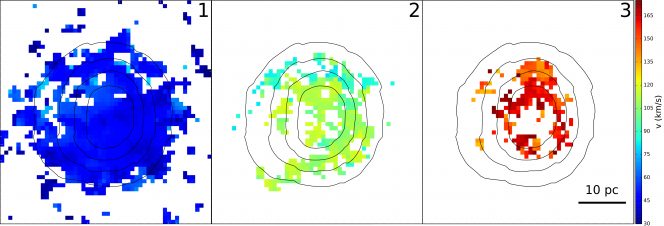 Ecco quello che hanno visto i telescopi: queste mappe mostrano la velocità di espansione rilevata in ciascun punto per le tre bolle, dove i contorni indicano l'emissione dell’idrogeno ionizzato. Le bolle sono approssimativamente concentriche ed esiste una progressione inversa tra dimensioni e velocità di espansione. Crediti: Artemi Camps Fariña (IAC)