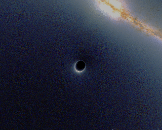 Nell’animazione, una simulazione dell’effetto del passaggio di un buco nero davanti ad una galassia vista di taglio (il buco nero è un possibile esempio di Cold Dark Matter). Crediti: Wikipedia/Alain r
