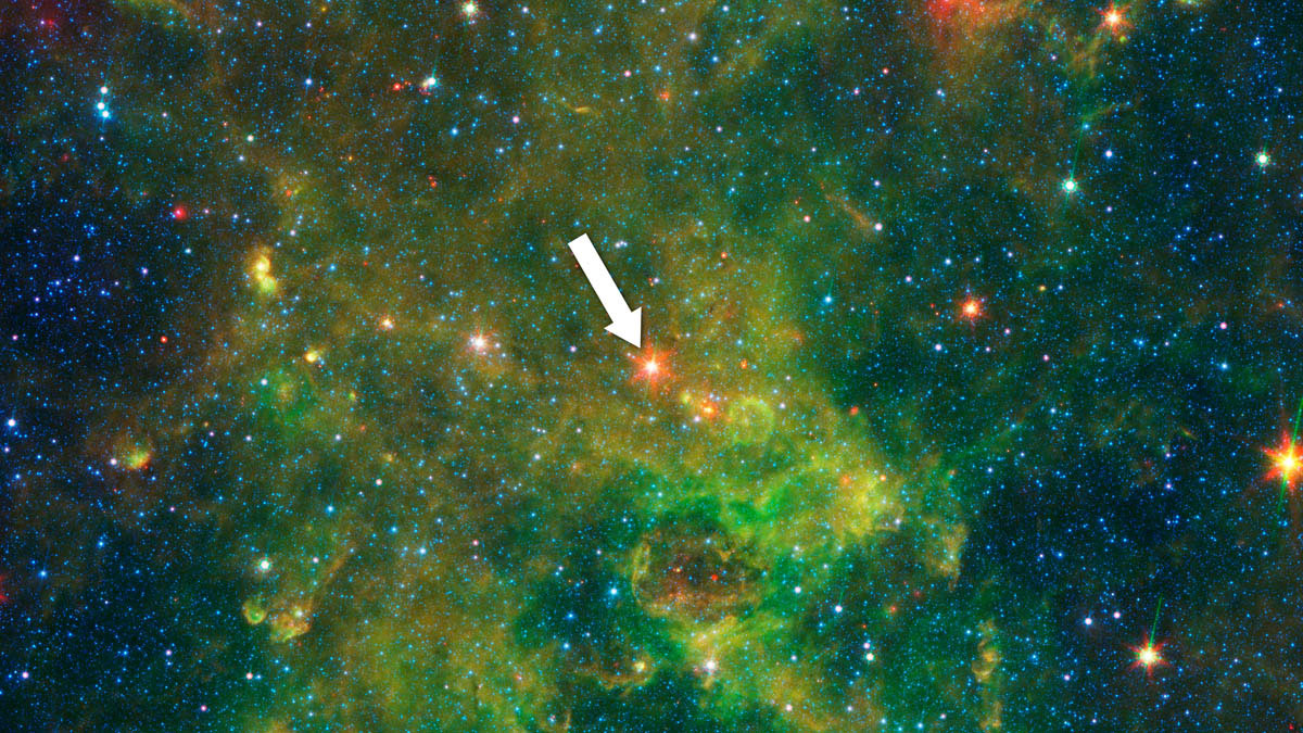 An age-defying star called IRAS 19312+1950 exhibits features characteristic of a very young star and a very old star. It is the bright red star at the center of this image. Image credit: NASA/JPL-Caltech 