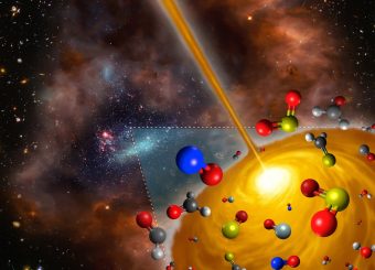 Rappresentazione artistica CHE mostra le molecole trovate nel nucleo molecolare caldo recentemente scoperto nella Grande Nube di Magellano utilizzando ALMA. Questo nucleo è il primo oggetto di questo tipo trovato al di fuori della Via Lattea e ha un'impronta chimica diversa da quella comune nella nostra Galassia. L'immagine è l'elaborazione di materiale da varie fonti: ESO/M. Kornmesser; NASA, ESA, e S. Beckwith (STScI) e HUDF Team; NASA/ESA e Hubble Heritage Team (AURA/STScI)/HEI. Crediti:FRIS/Tohoku University