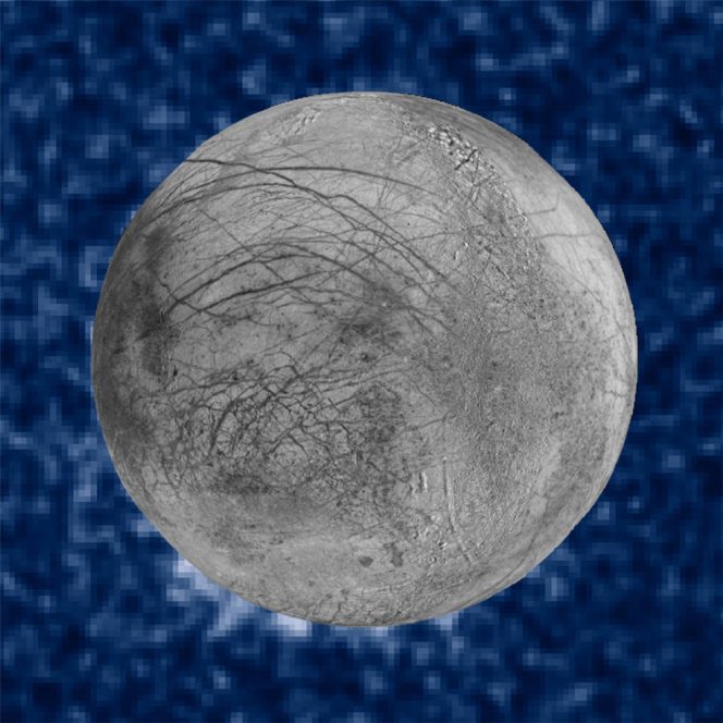 This composite image includes data from Hubble’s Space Telescope Imaging Spectrograph, which shows suspected plumes of water vapor erupting at the 7 o'clock position off the limb of Jupiter's moon Europa. The image of Europa, superimposed on the Hubble data, is assembled from data from the Galileo and Voyager missions. Object Name: Europa Image Type: Astronomical/Annotated Credit: NASA, ESA, W. Sparks (STScI), the USGS Astrogeology Science Center, and Z. Levay (STScI)