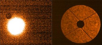 Immagine ottenuta durante il primissimo puntamento del telescopio sui due rivelatori. A sinistra si può notare l’immagine di una stella, 60 Srg A: la bontà del puntamento si può apprezzare dalla vicinanza dell’oggetto alla posizione della fibra ottica (il buco circolare più scuro leggermente in alto a sinistra). A destra, invece, l’immagine della “pupilla”: lo specchio secondario e la struttura che lo sostiene hanno ombre molto nette, indice di una qualità dell’immagine ottimale.