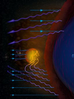 La zona di risacca del fronte d’urto tra il vento solare il campo magnetico terrestre contiene particelle cariche riflesse indietro. Una sonda Themis ha visto alcune di queste particelle accelerate a velocità relativistiche. Crediti: Emmanuel Masongsong and Heli Hietala, UCLA; NASA EYES