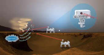 Rappresentazione artistica di quella che potrebbe essere la modalità d'operare del laser a fluorescenza di Bili sul suolo marziano. Crediti: NASA