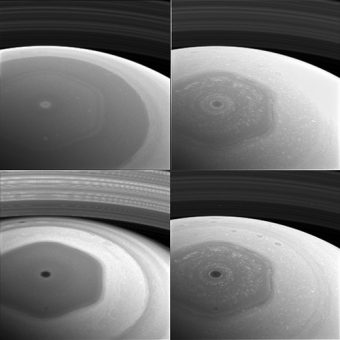 Questo collage di immagini mostra l'emisfero settentrionale e gli anelli di Saturno visti con quattro diversi filtri spettrali. Ogni filtro è sensibile alle diverse lunghezze d'onda della luce e rivela le nubi e nebbie presenti a diverse altitudini. Crediti: NASA/JPL-Caltech/Space Science Institute