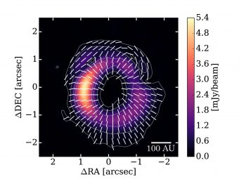 Il modello di polarizzazione ottenuto con ALMA attorno alla giovane stella HD 142527. I contorni mostrano l'intensità totale delle emissioni di polveri e l'immagine a colori mostra l'intensità delle emissioni polarizzate. Le barre bianche indicano la direzione di polarizzazione. Crediti: ALMA (ESO / NAOJ / NRAO), Kataoka et al.