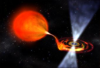 Rappresentazione artistica di un sistema binario composto da una pulsar al millisecondo e una stella compagna deformata dalla forza gravitazionale della pulsar stessa. Crediti: NASA