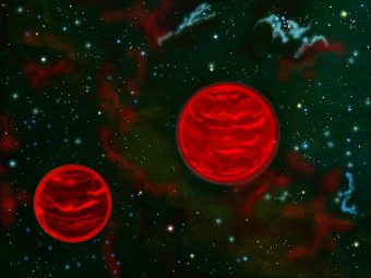Rappresentazione artistica (non in scala) di un sistema binario formato da pianeti senza stella e di massa simile a quella di Giove. Crediti: Gemini Observatory/Jon Lomberg