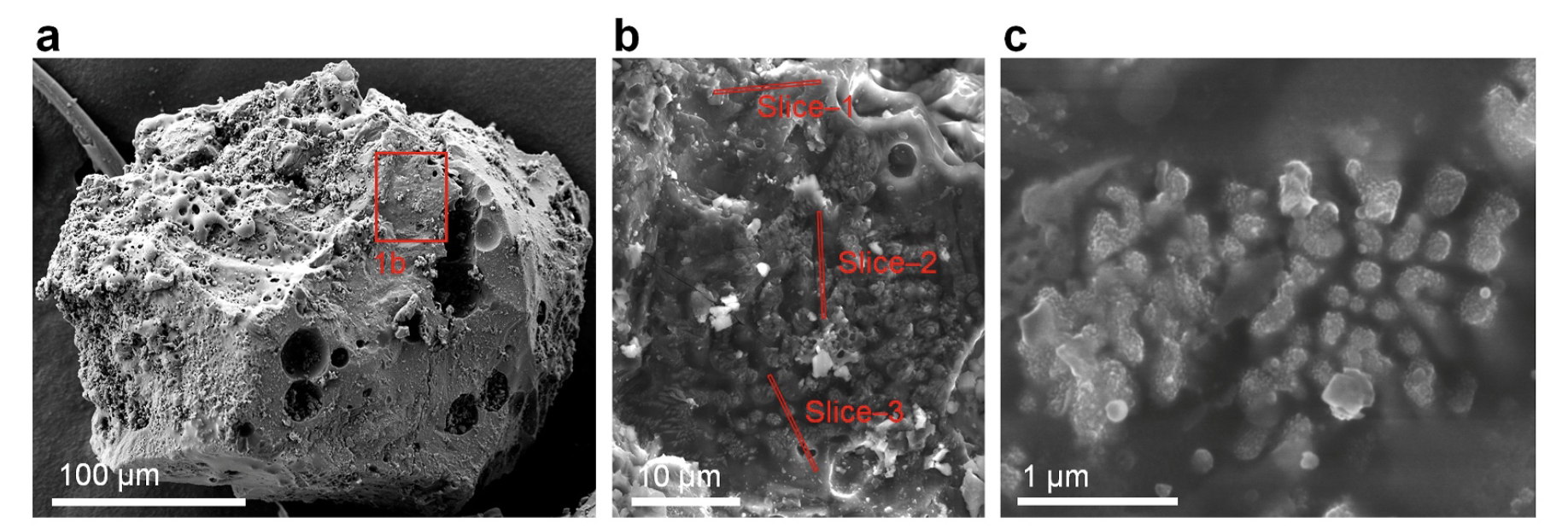 Il campione lunare analizzato nel primo studio (a), in dettaglio una sua porzione contenente ilmenite (b) che è stata analizzata in diversi punti, evidenziati nei triangoli rossi. L'ilmenite è un minerale di ferro e titanio che nel campione è incorporata nella roccia di silicati (c). Crediti: Dai et al. Jgr: planets