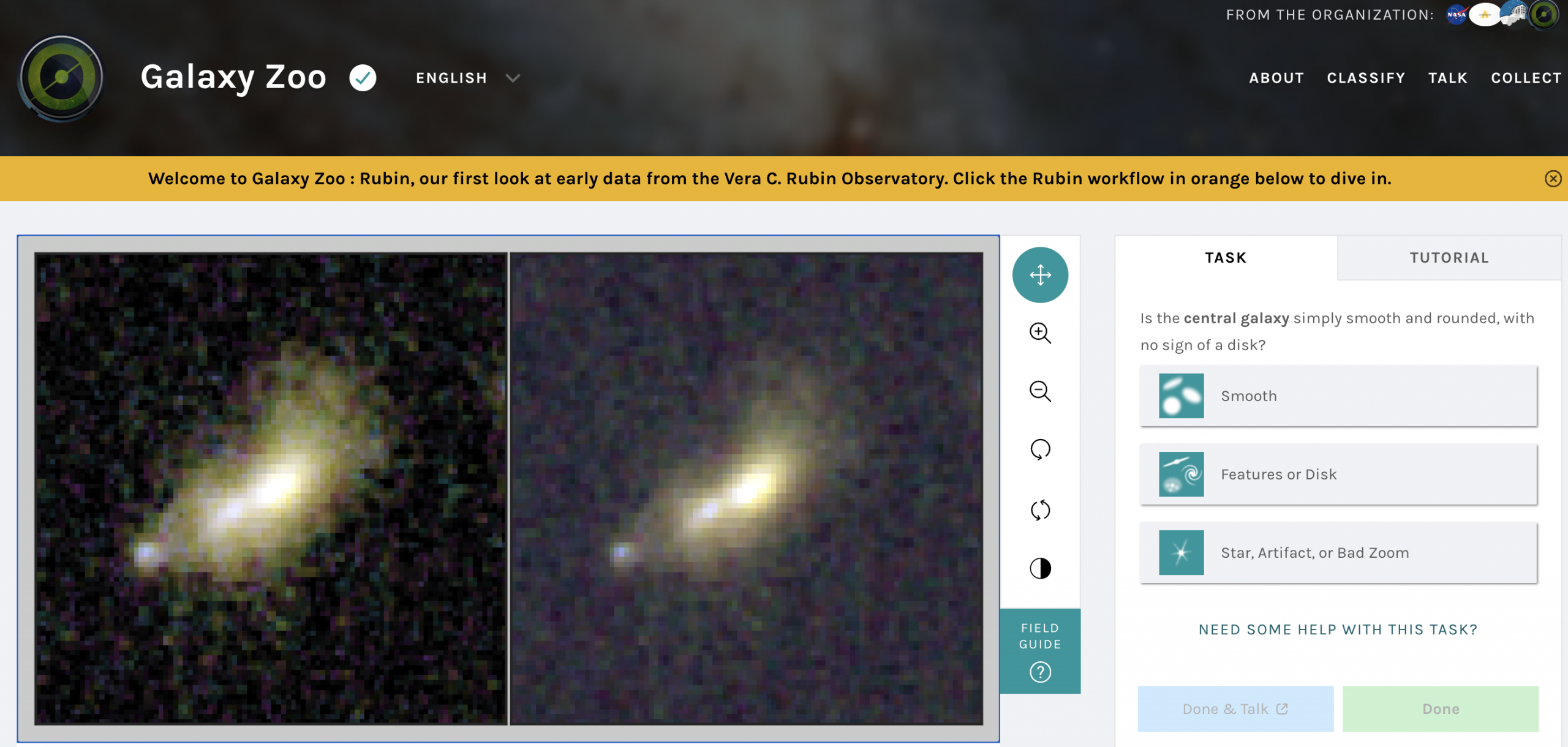 Schermata dell’interfaccia di Galaxy Zoo con l’immagine di una galassia e le opzioni utilizzate dagli utenti per classificarne forma e caratteristiche.