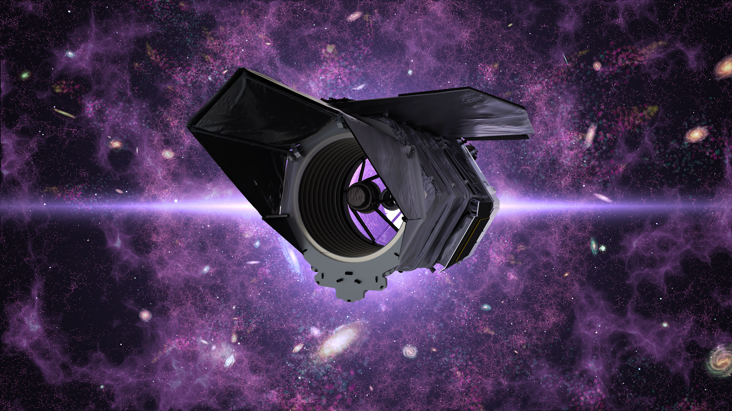 Illustrazione del Nancy Grace Roman Space Telescope nello spazio, con il grande corpo del telescopio